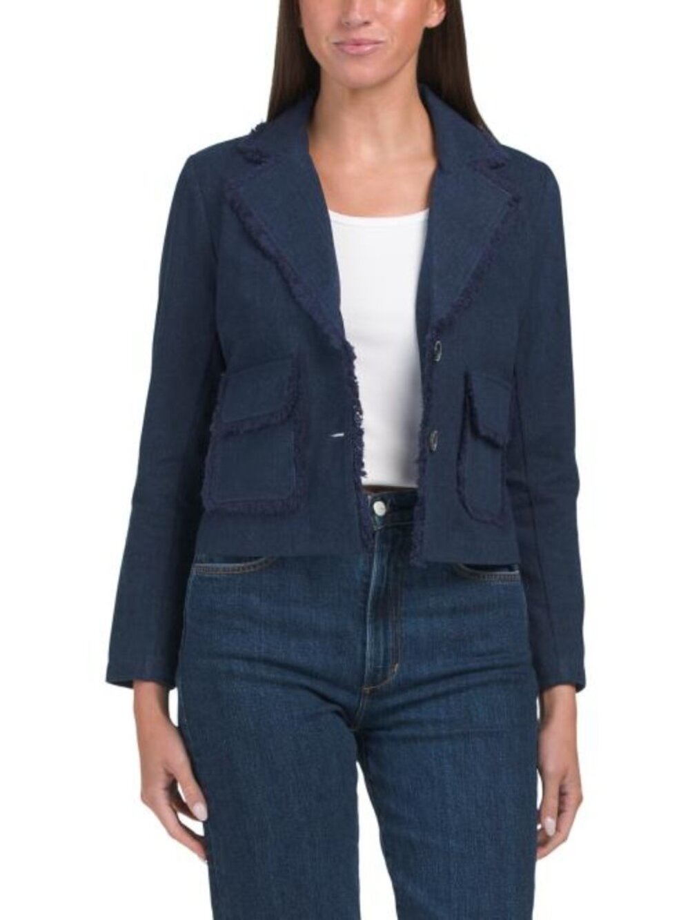 WDNY Tailored Denim Jacket With Fringe Trim